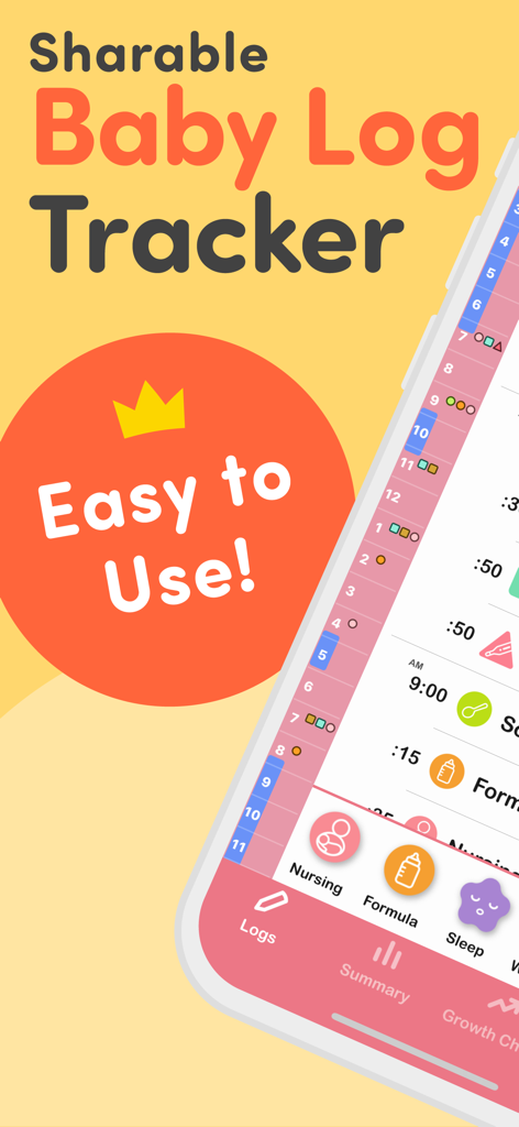 PiyoLog baby feeding tracker app interface showing a daily activity log and easy navigation buttons