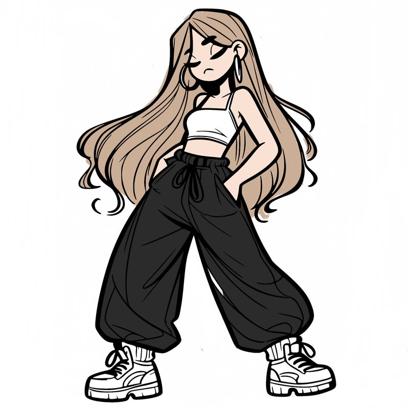 girl in baggy pants crop top and long hair