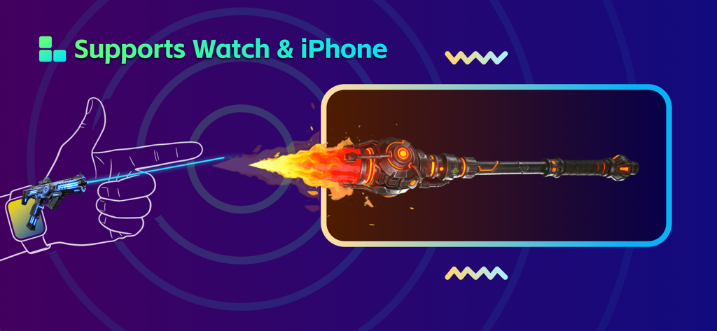 Gun Sound: Watch Weapon Box - Banner promozionale per l'app Gun Sound Watch Weapon Box che mostra il supporto per Apple Watch e iPhone con armi futuristiche ed effetti di fuoco