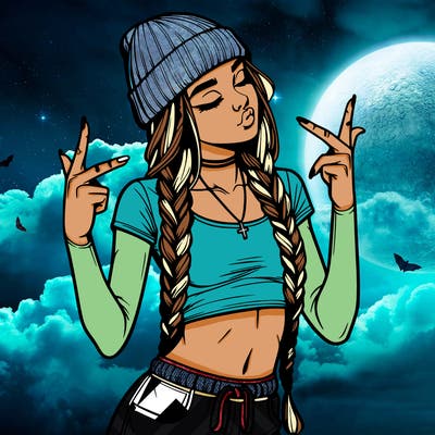 realistic teenage girl with braids and a beanie and crop top doing 🫶🏼