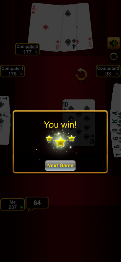 Crazy Eights Card Game Offline - クレイジーエイトカードゲームアプリの勝利画面。3つの星と次のゲームボタンが表示されています。