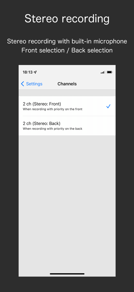 Audio Recorder - WAV, M4A - iPhone screen showing stereo recording channel options for front and back microphones in the Audio Recorder app