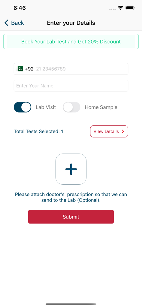 Marham app screen for entering patient details to book a lab test and upload a prescription