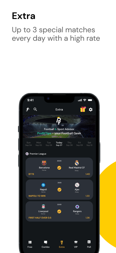 ProfitTips - Football Tips - Interfaz de la aplicación ProfitTips que muestra consejos de apuestas de fútbol adicionales premium para partidos de las principales ligas europeas