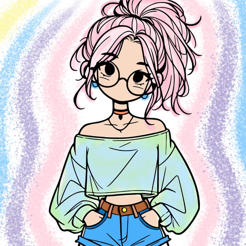 girl with a messy ponytail glasses a baggy crop top and jean shorts