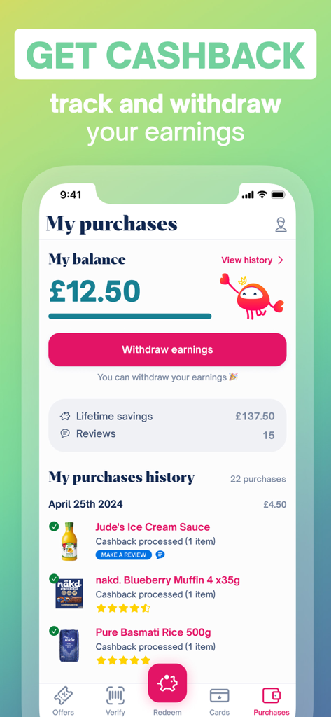 Schermata dell'app Shopmium che mostra il saldo cashback disponibile e gli acquisti recenti di generi alimentari.