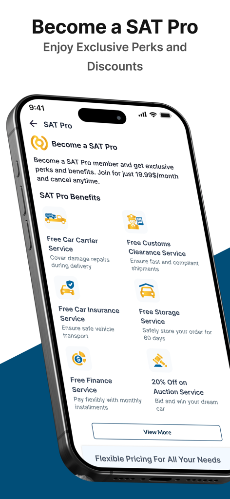 Pantalla de la aplicación Sat Japan que muestra los beneficios de la membresía SAT Pro, incluyendo despacho de aduanas de transporte de coches gratuito y descuentos en subastas.