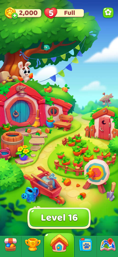 Bunny Boom - Cute white bunny character standing in a colorful garden village on the Bunny Boom game home screen