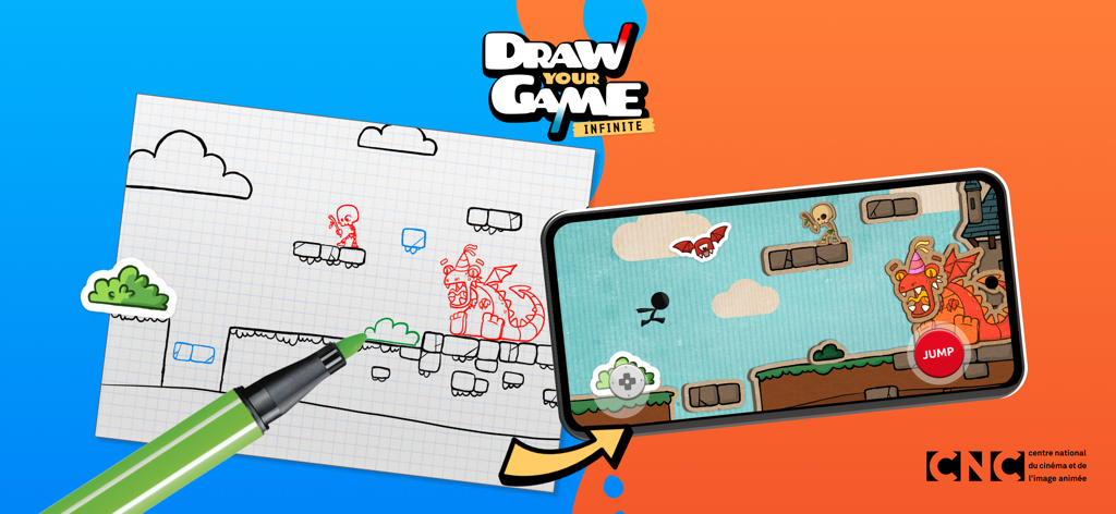 Draw Your Game Infinite - A hand-drawn sketch on grid paper being transformed into a playable mobile platformer game on a smartphone screen.