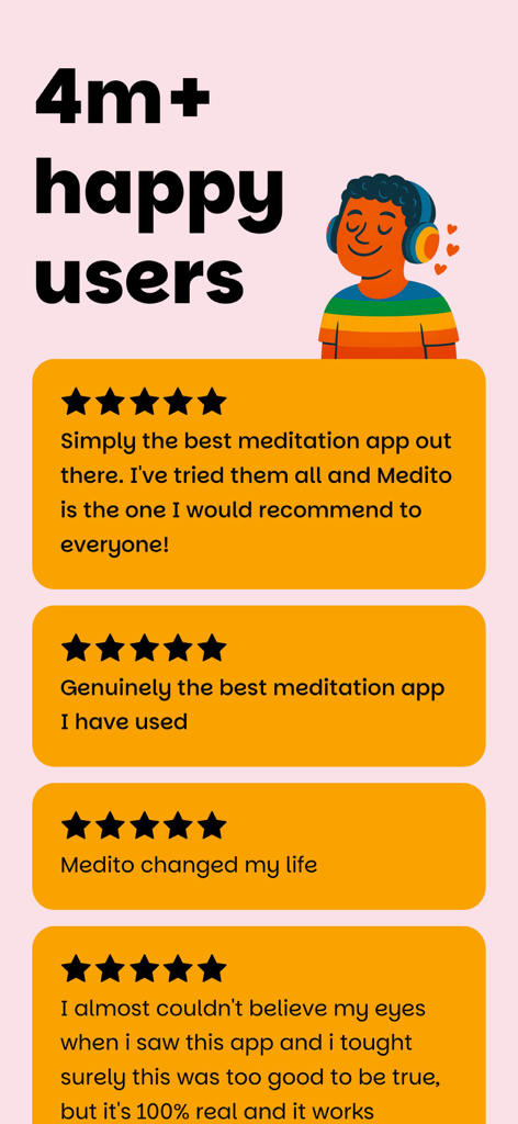 Medito: Guided Meditation App - Screenshot dell'app Medito che mostra recensioni positive degli utenti e oltre quattro milioni di utenti felici.