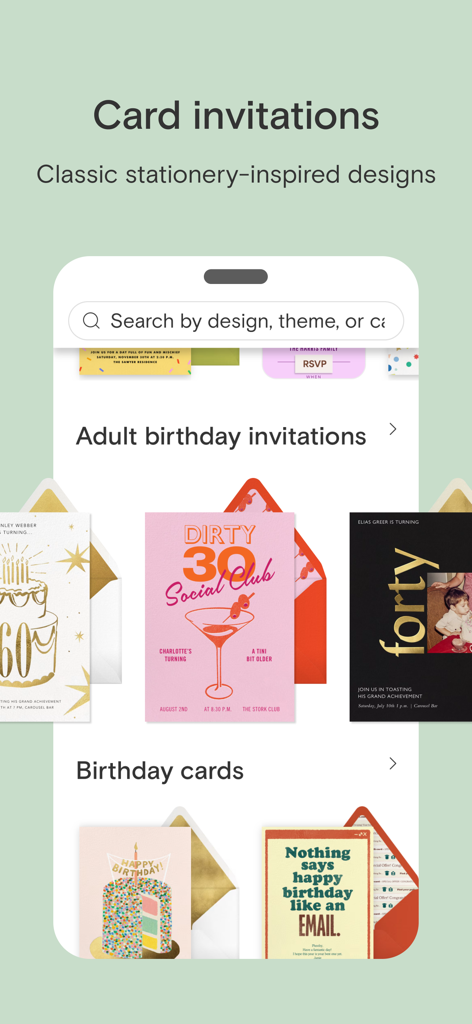 Paperless Post: Invitations - Mobile interface of Paperless Post showcasing elegant digital card invitations for adult birthdays.