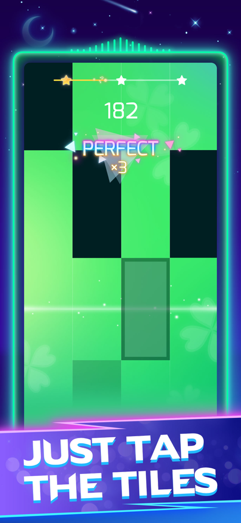 Piano Star mobile game gameplay showing green rhythm tiles and a Perfect x3 combo message