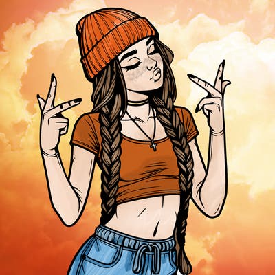 realistic teenage girl with braids and a beanie and crop top doing 🫶🏼