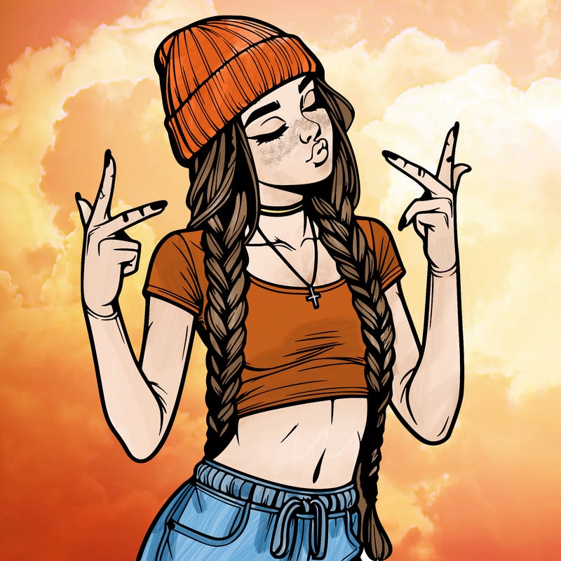 realistic teenage girl with braids and a beanie and crop top doing 🫶🏼