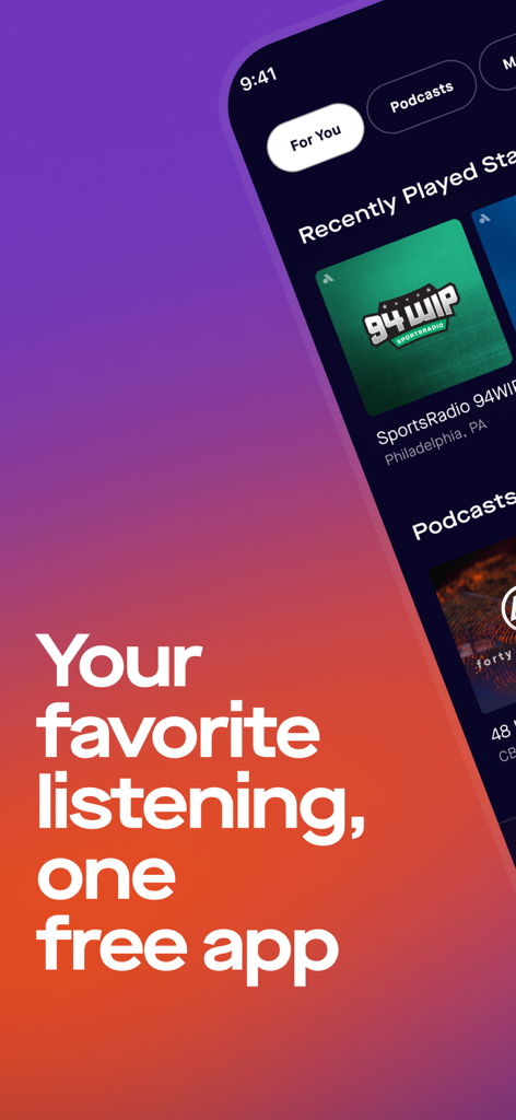 Interfaz de la aplicación móvil Audacy mostrando estaciones de radio locales y podcasts