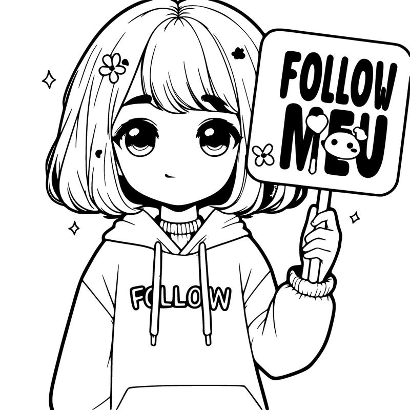 cute realistic girl holding up a sign that says follow me