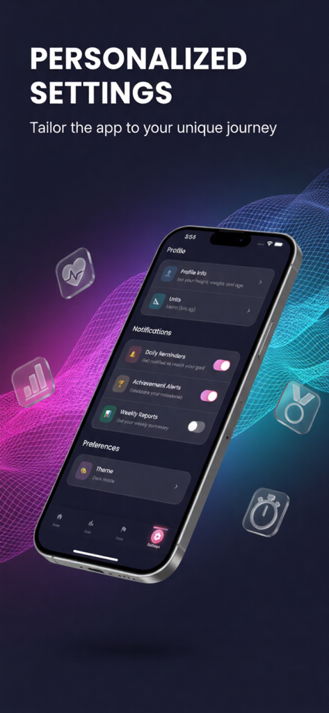 Steps - Pedometer - Personalized settings screen for the Steps Pedometer app showing profile info and notification options.