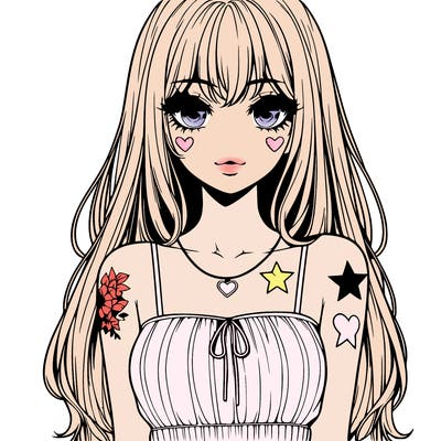 realistic anime girl with long hair star heart tattoos with a simple fabric dress with full lips