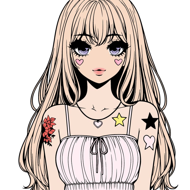realistic anime girl with long hair star heart tattoos with a simple fabric dress with full lips