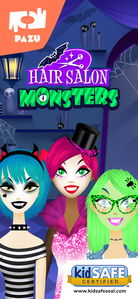 Three stylish monster characters with colorful hair and spooky accessories in the Girls Hair Salon Monsters game.