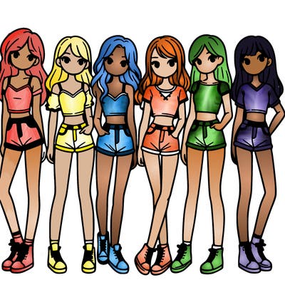 a group of girls wearing crop tops and shorts