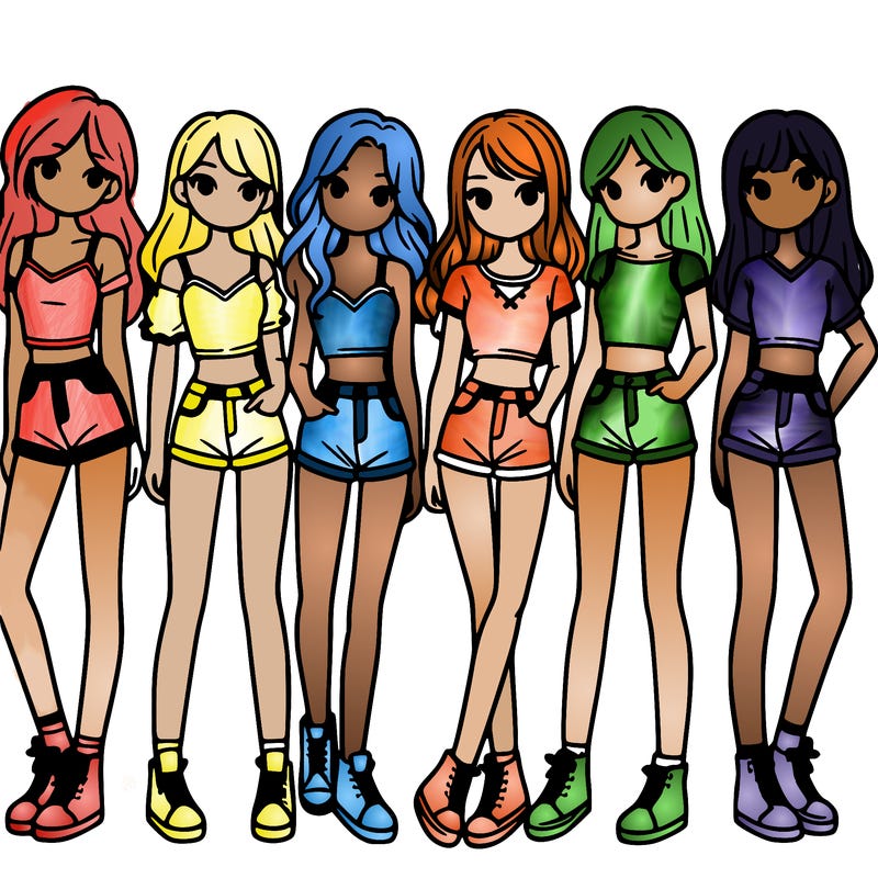 a group of girls wearing crop tops and shorts