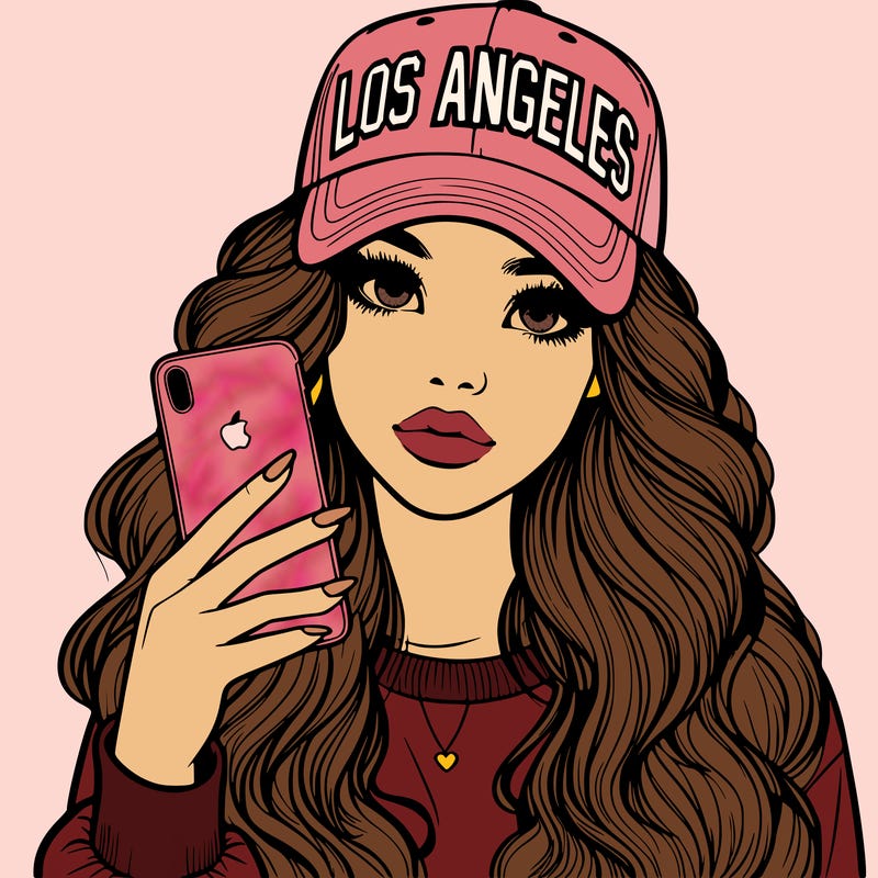 realistic beautiful girl wearing los ángeles cap holding an iphone
