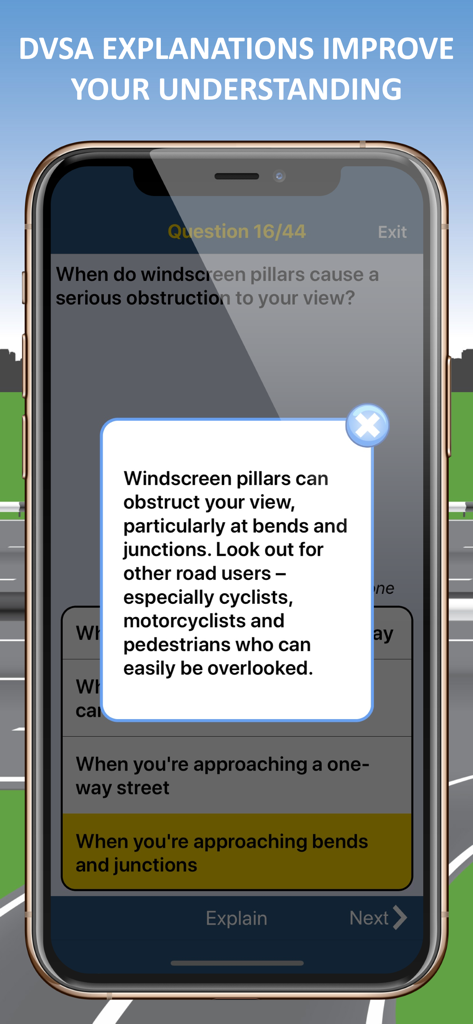 Driving Theory Test Kit (2026) - Driving theory test app showing a question and detailed explanation