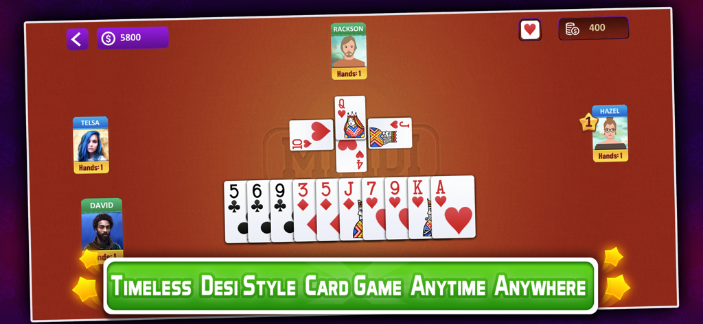 Interface de jeu du jeu de cartes en ligne Mindi montrant quatre joueurs et une main de cartes à jouer sur un fond de table rouge.