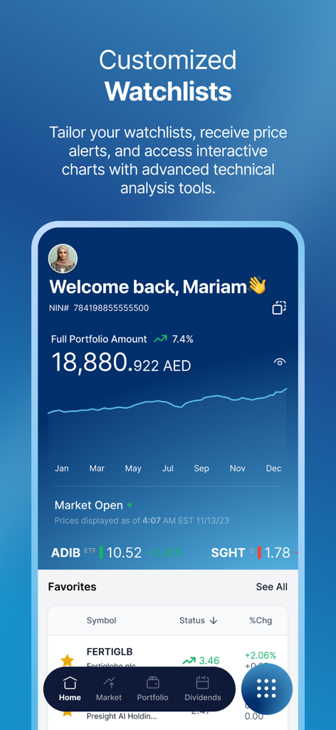 ADX Mobile - ADX Mobile app interface showing customized watchlists, portfolio value, and interactive market charts.