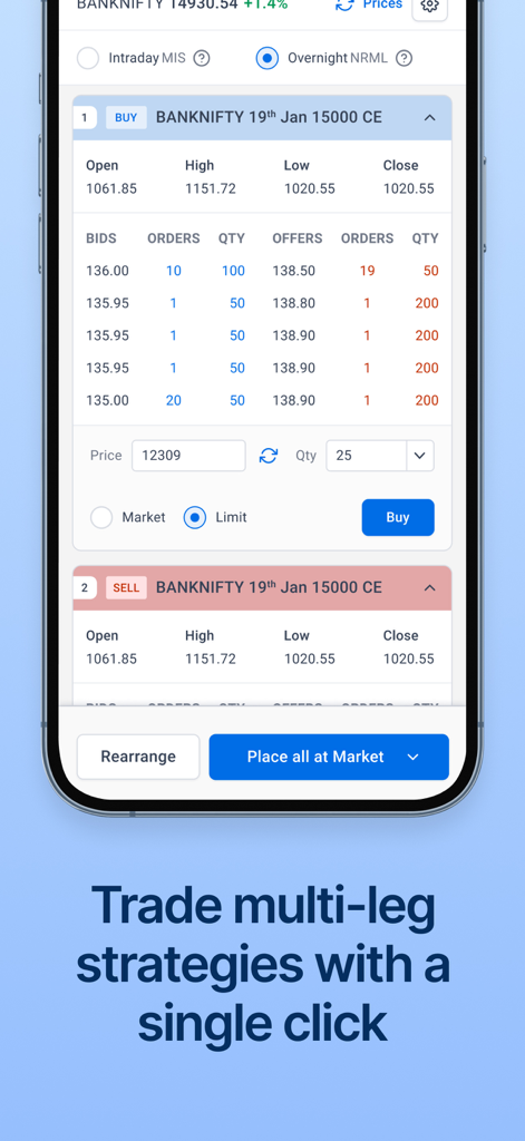 Sensibull app interface showing a multi leg options strategy for easy execution