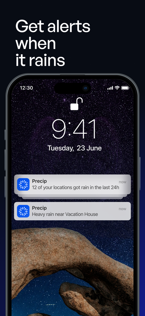 Precip - Rain, Snow & Weather - Pantalla de bloqueo del iPhone que muestra notificaciones de lluvia de la aplicación Precip para varias ubicaciones guardadas.