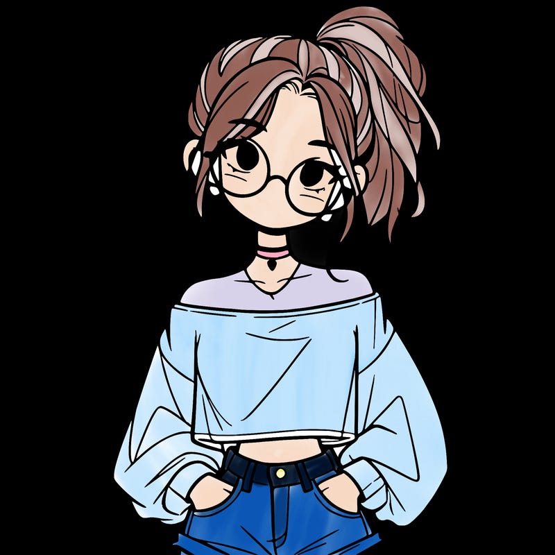 girl with a messy ponytail glasses a baggy crop top and jean shorts