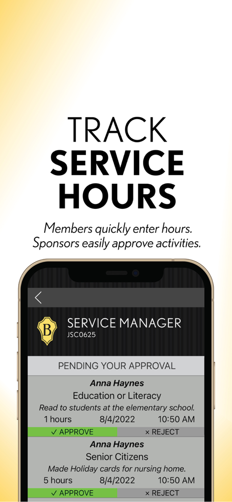 National Beta Mobile App - Captura de pantalla de la Aplicación Móvil National Beta que muestra la interfaz de seguimiento y aprobación de horas de servicio para patrocinadores