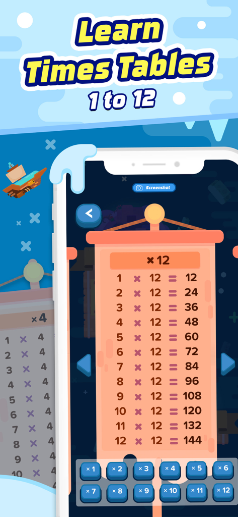 Multiplication Flash Cards App - Mobile app interface showing a multiplication table chart from 1 to 12