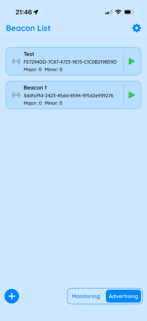 Beacon list screen of Beacon Multi-Tool showing configured beacons for advertising