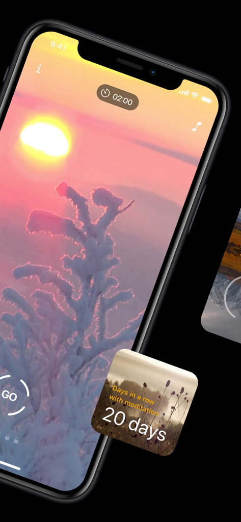 Siberian Breath app on an iPhone displaying a meditation timer and twenty day streak badge with a snowy sunset background