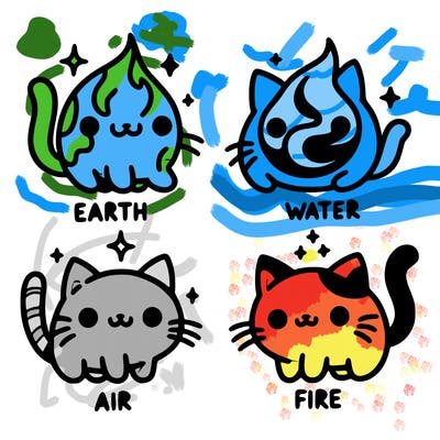4 cats that represent the different elements, earth, water, air, and fire
