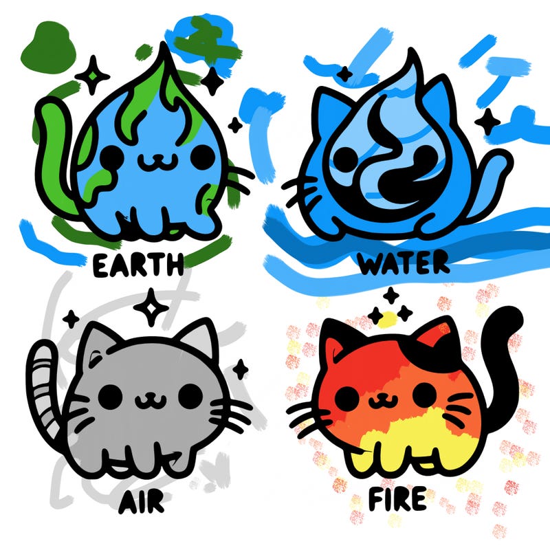 4 cats that represent the different elements, earth, water, air, and fire