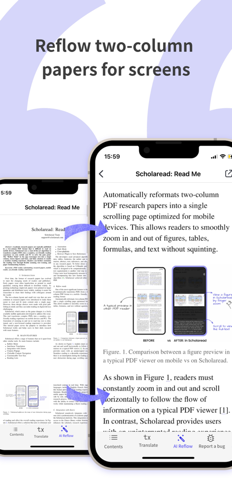 Scholaread app interface showing a two-column academic PDF reflowed into a mobile-optimized single-column layout