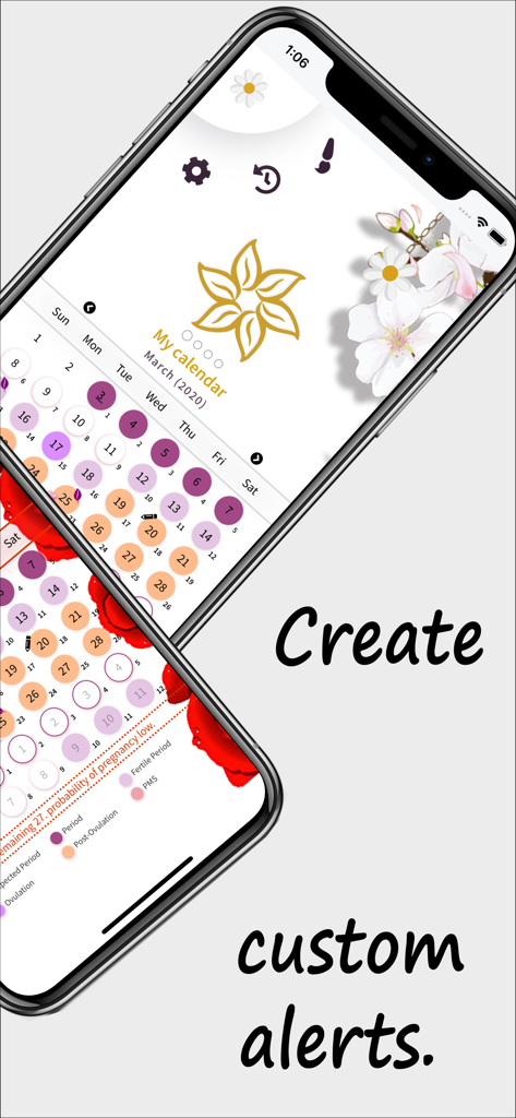 Calendário do Ciclo Menstrual - Interface of the menstrual cycle calendar app showing fertility tracking and custom notification settings