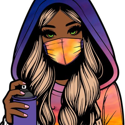 girl wearing a mask with long hair with her hood up spray-painting realistic