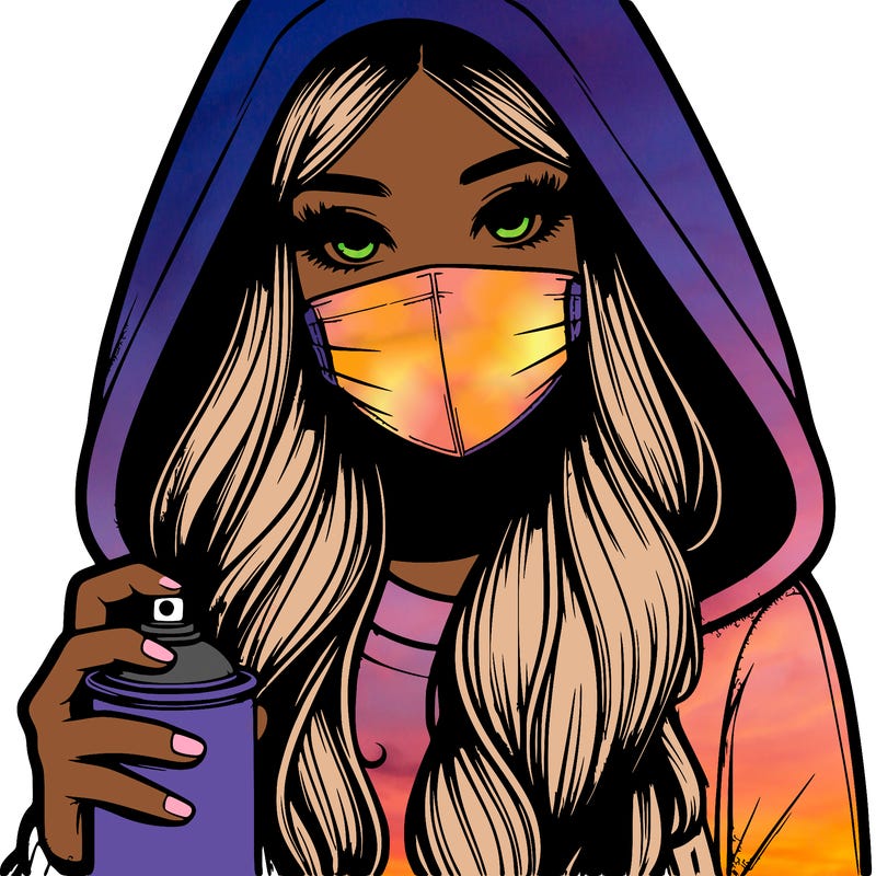girl wearing a mask with long hair with her hood up spray-painting realistic