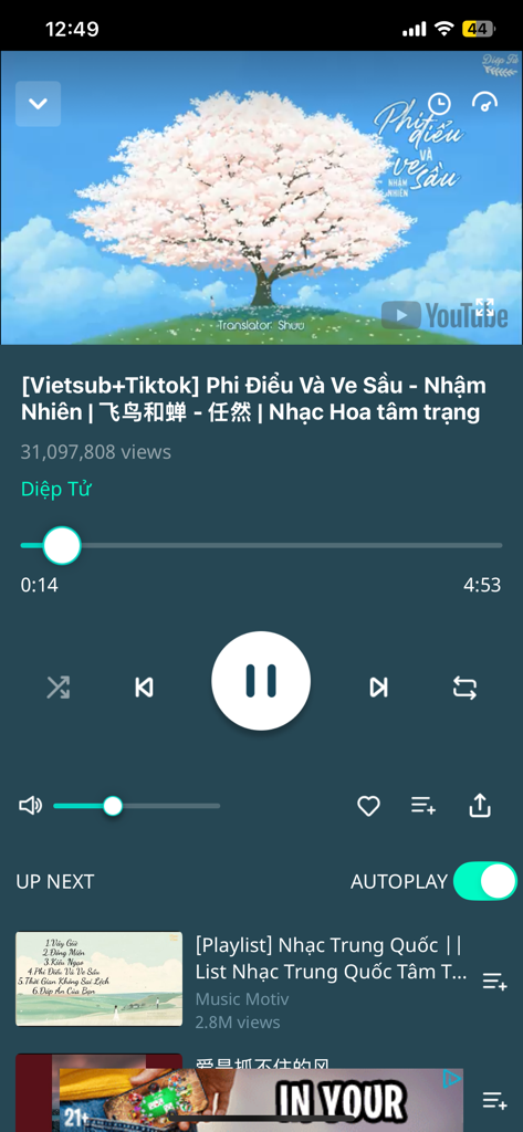 YouListen - Play Everything - YouListen app interface showing a music player with video playback controls and an up next song list