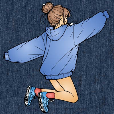 realistic girl jumping with a bun and oversized sweatshirt