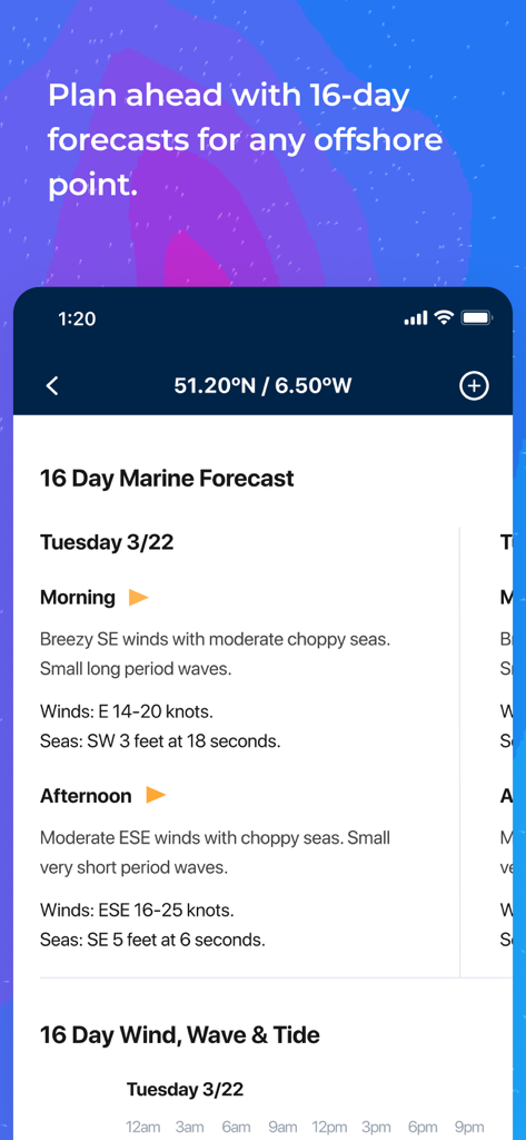 Buoyweather - Marine Forecasts - Una captura de pantalla de la aplicación Buoyweather que muestra una previsión meteorológica marina detallada a 16 días para una ubicación en alta mar.
