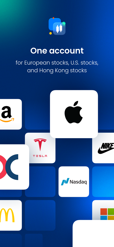 BtcDana mobile app screen showing one account for trading US European and Hong Kong stocks with corporate logos