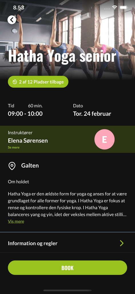 Fit&Sund - Pantalla de la aplicación móvil Fit and Sund mostrando los detalles de reserva de la clase de Yoga Hatha, incluyendo instructor y hora