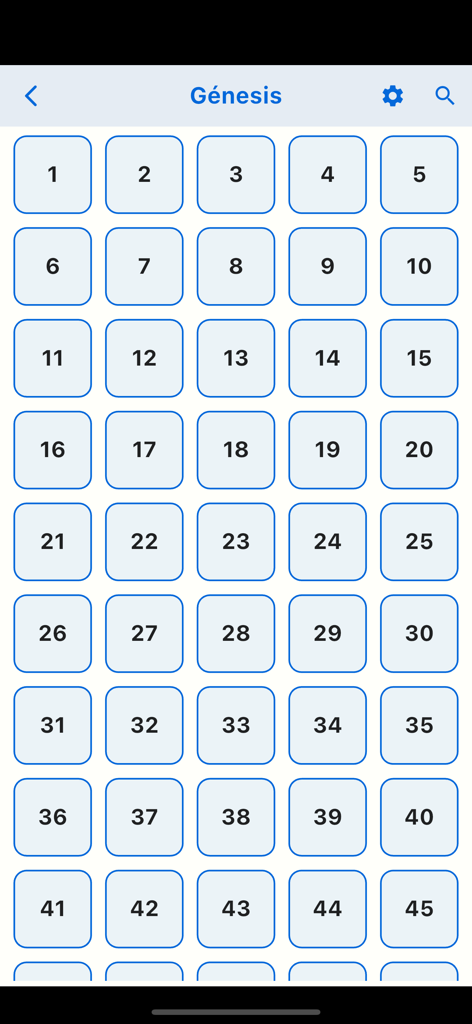 Biblia + CBA - A grid view of chapters for the book of Genesis in the Biblia plus CBA mobile app