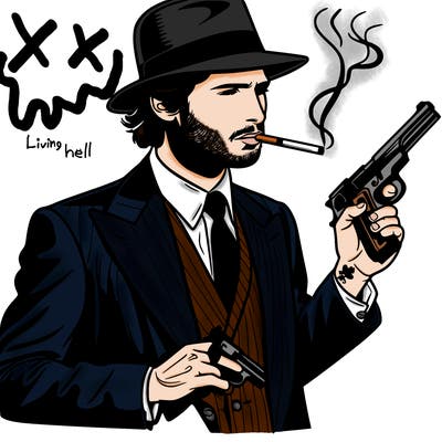 realist man smoking with a gun in his pocket and hand in the other pocket